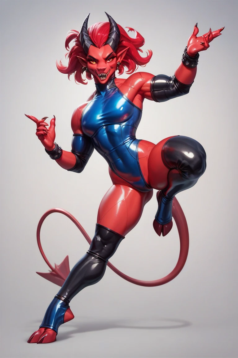 ((masterpiece)),(((best quality))),((character design sheet)), illustration,1woman, environment Scene change,  hair bangs, leg warmers, muscular, red skin, white legs, thick legs,devil horns, (white skin:1.2)scribbles and marks, fire, ((detailed face:1.1)), rough sketches, pose too, ((orange hair:1.2)), (aqua blue and white clothes:1.3) , 8k,16k, (simple background, light background: 1.3)