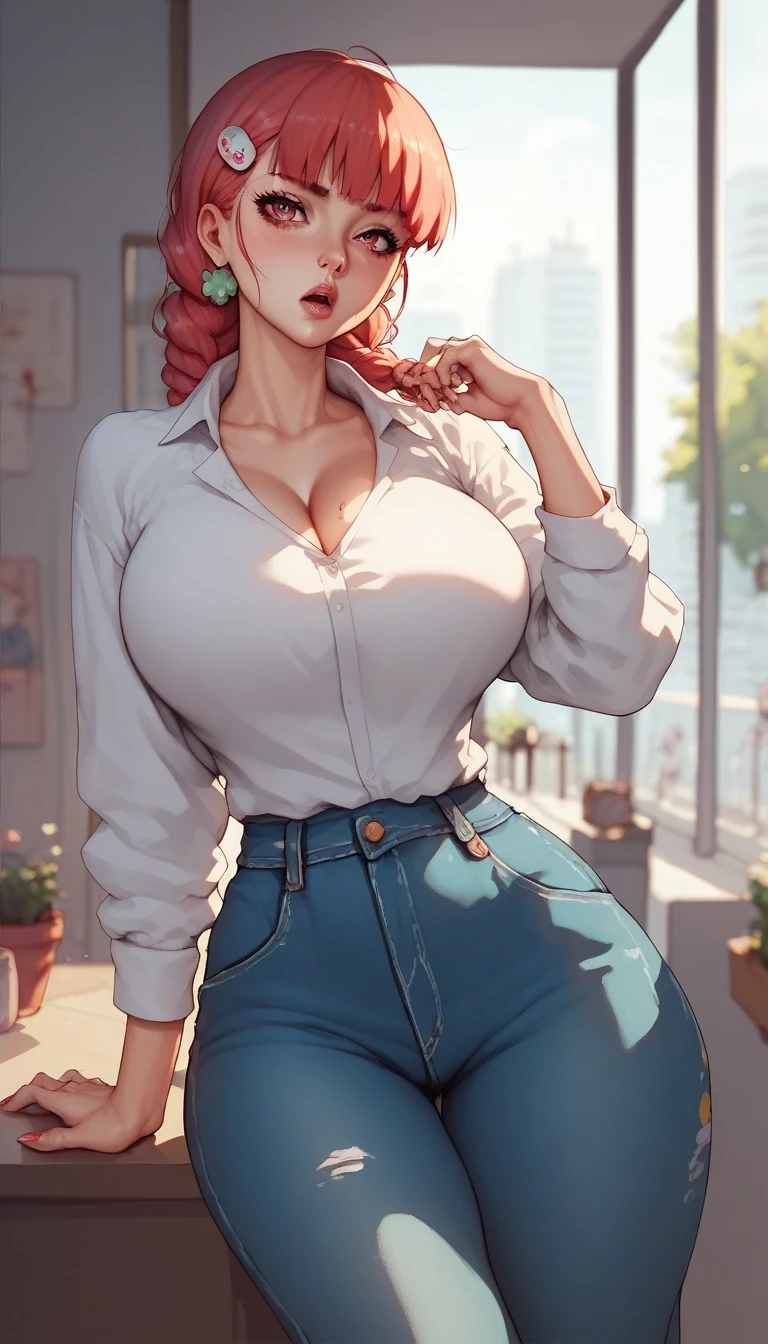 (masterpiece:1.2, best quality), realistic, (real picture, intricate details, depth of field), (1girl, solo), make up, parted lips, highly-detailed, perfect face,
(huge breasts:1.4), (skindentation), thick thighs, wide hips, small waist, tall, glossy coral lips,
red hairs, red eyes, white casual outfit, Akihabara street, sitting at a cafe, suitcase