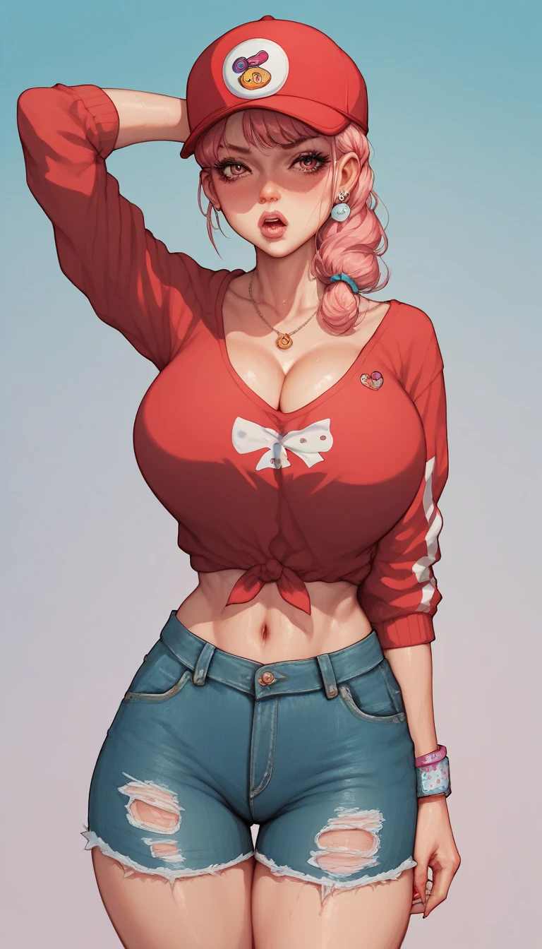 little thunder,1girl,solo,long hair,breasts,bangs,large breasts,shirt,jewelry,upper body,ponytail,white hair,short sleeves,heart,multicolored hair,earrings,midriff,hand up,blunt bangs,crop top,traditional media,piercing,ear piercing,painting (medium),watercolor (medium),camouflage<lora:merged model:1>
