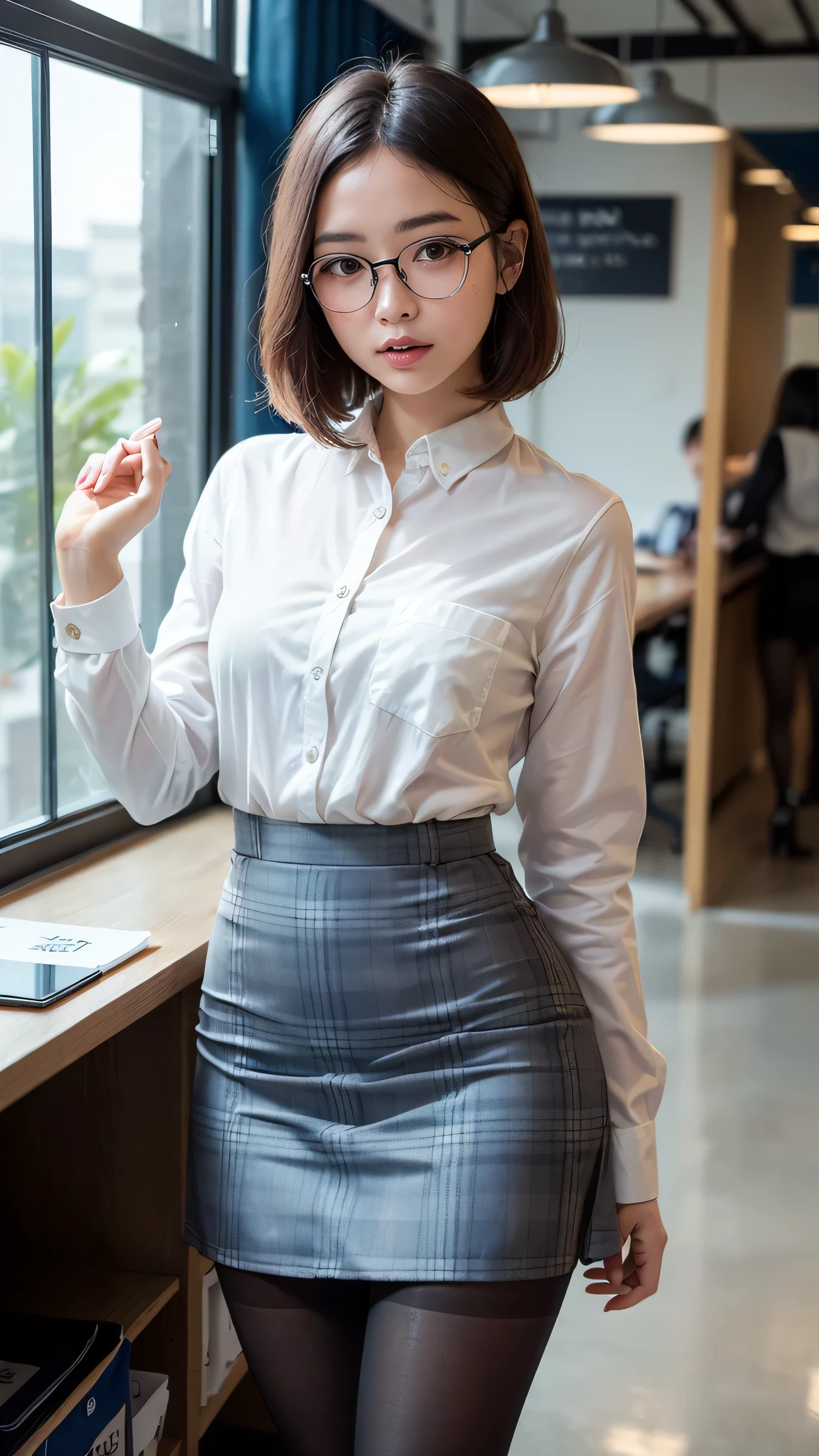 pretty fat woman。 Ray tracing, Best Shadows, High resolution (Dim lighting) Detailed background (office room) short fluffy silver hair, ,  (a girl in a white shirt, black wrinkled skirt, with black transparent pantyhose), showing a delicate slim figure and graceful curves, correctly positioned and reasonable limbs! stand dignified, Facial details! Delicate facial features, pay attention to the position details of the legs! Pay attention to hand details! High quality! More eligible!