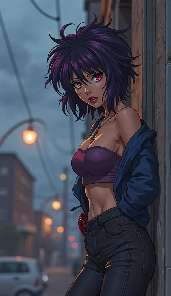 (Masterpiece) (High Detail) (High Res) (Black Skin) Looking from above A young black humanoid FutEred with dark skin and ebony flesh and green eyes and short black hair and goat ears and short dark goat horns and a toned teen body and small to average breasts dressed like a punk wearing a purple jacket and jeans