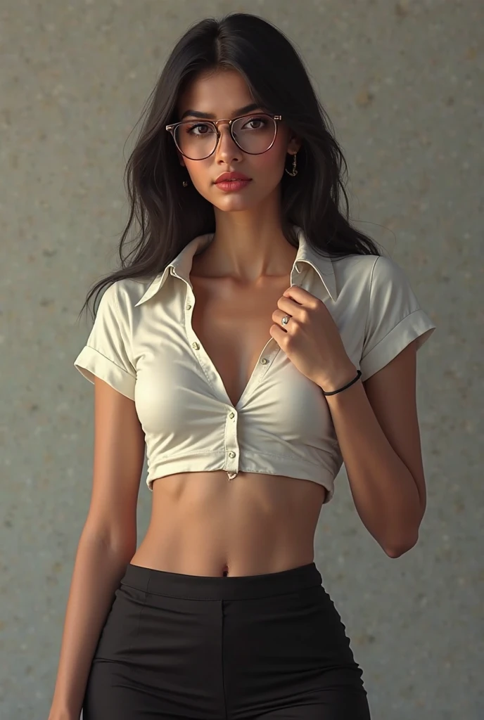 spectacled very long ponytail hair older mature south African coloured lady in unbuttoned silk fit stretched skimpy midriff-shirt, low-rise bellbottoms, infradito, (abs and muscles:1.3), vascular, ((mature older woman face:1.2)), (haughty sexy smirk:1.2)