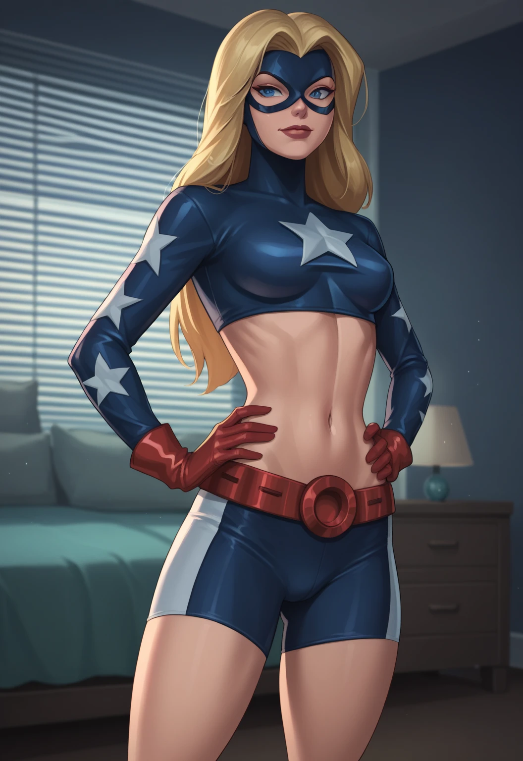 masterpiece, best quality, agrias, a woman, solo, standing, blonde hair, high leg, straight hair , muscular , detailed face, muscular detailed face, age 22, big breast, Stargirl