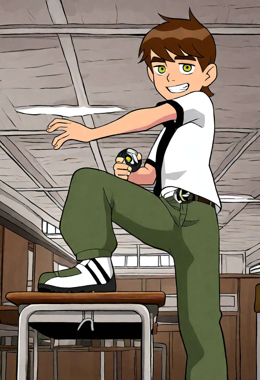 afben,brown hair,green eyes, bare legs, aroused, bedroom interior,. Black shirt, green jacket with white stripe, white socks, bottomless, full view, sitting in office chair, erect penis, looking down, smiling, sighing, relieved, eyes closed, cumming