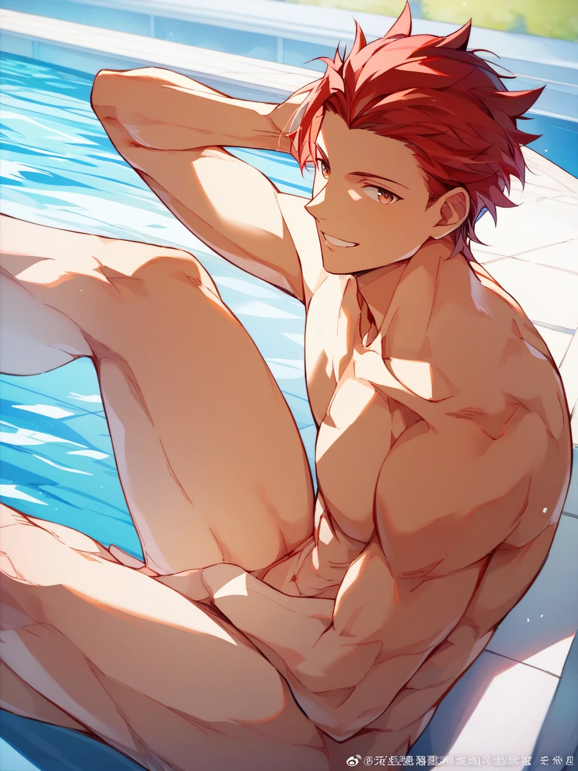man, pumped up, muscles, 30 years, no clothes, beach, high quality, high growth, full length, nudism, nude, big dick, erotic pose, Red hair, Blue eyes, sits with his legs spread, anus