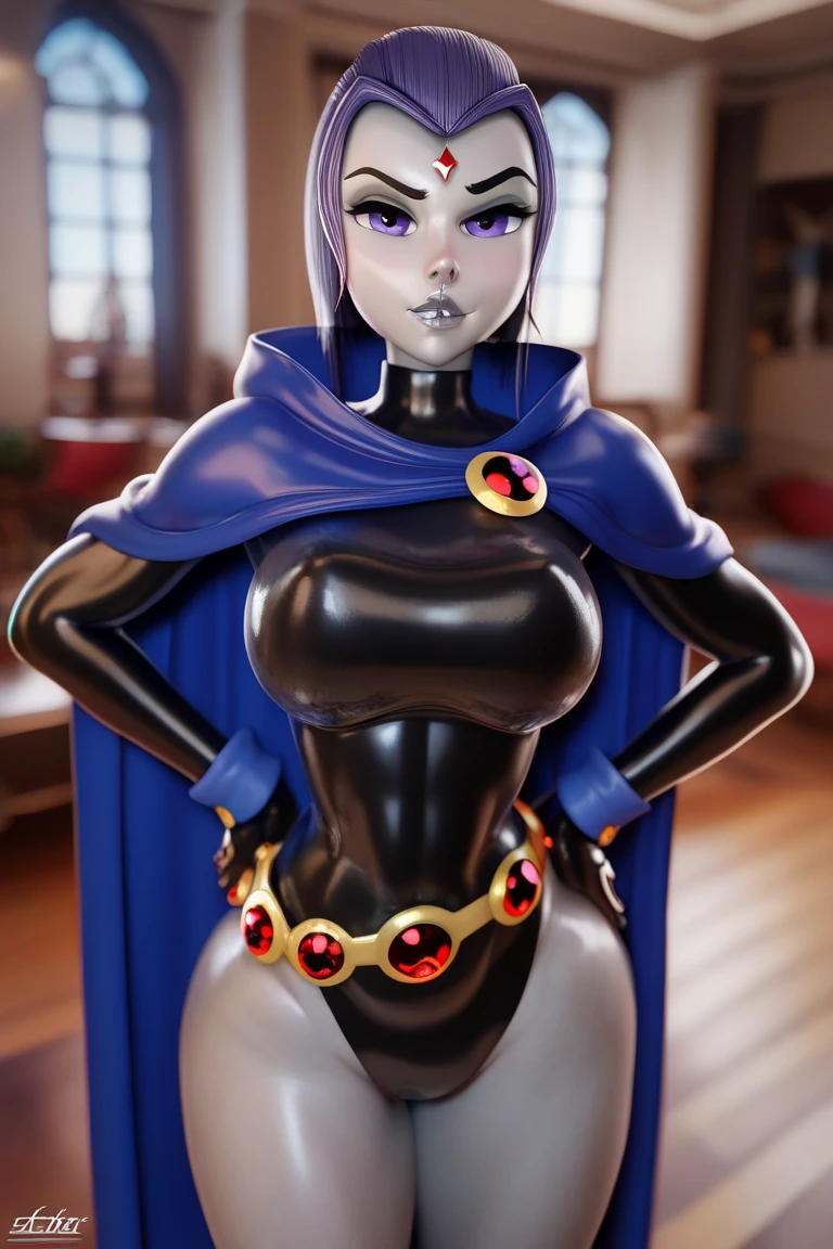 (Shadman art:1.2), (big blissful eyes:1.2),  (reclined), (curvy body:1.2), (highly detailed:1.2), (detailed face and eyes:1.2), (huge breasts:1.2), (busty), (deep cleavage), (breasts bulging:1.3), (cameltoe:1.2), 1girl,solo,RavenTT, dynamic post ,navy-blue cloak, brooch, leotard, belt,short hair,purple hair, purple eyes,black lipstick,grey skin,curvy,wide hips