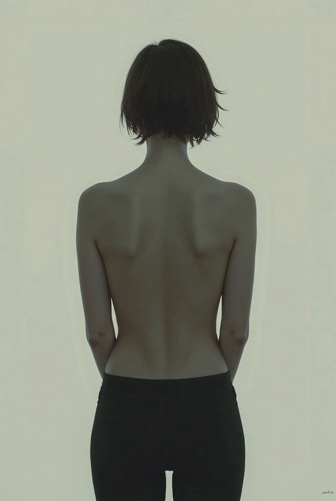 1 girl, , back shot, nude, , monochrome background, from below. short hair