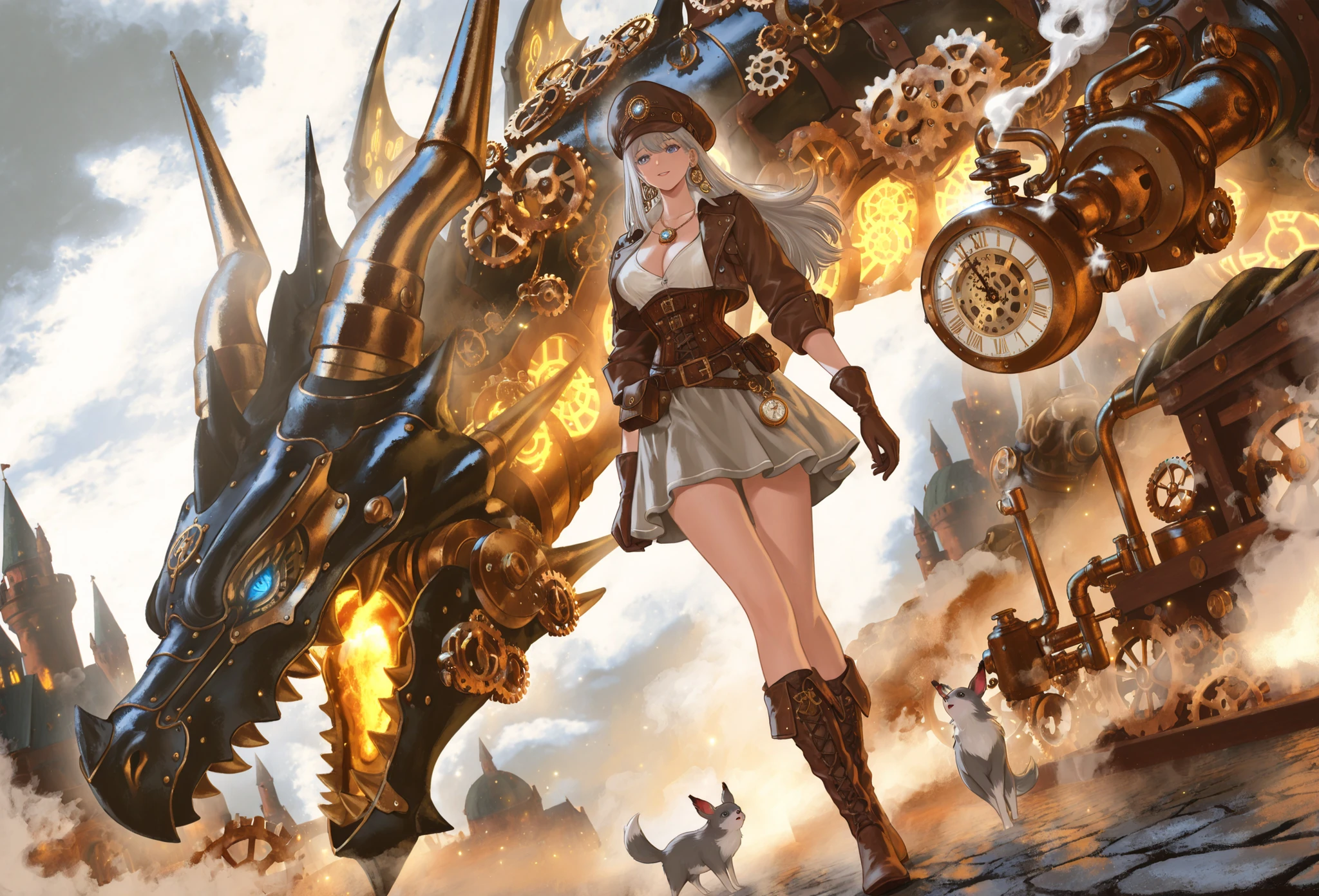 standing next to a steampunk Dragon,long hair,slightly random hairstyle,Hair color is gold,A color reminiscent of metal,girl,decorated with metal parts,lens part is amber,Gears and small pipes,cropped cap,leather corset、Best、short jacket,The shirt is a puff sleeve,belt、Pouch、lots of small items such as chains,The skirt has an asymmetrical design and lace、accents,with a small light on the tip,gear earrings,pocket watch pendant,leather gloves and boots,The background is a huge cog with steam rising and a huge mechanical castles,color palette is gray,silver,iron,brass} Metallic colors such as dark gray,white of steam and smoke,steampunk style islands,mechanical Dragons,small animals that move with steam(small animals that move with steam)Feet,grab the cog Is an illustration of a steampunk girl standing next to a steampunk Dragon,blue eyes full of curiosity, Very Detailed Line Drawing, full body,James Jean Soft Light 4k, James Jean Softlight 4k, A fantastic anime that feels like a dream, lo-fi anime vibes, Reusch art style, Moebius artwork, Moebius Art, Jean Giraud(Moebius)flashback perspective, Inspired by Mattias Adolfsson, スタイルのJean Giraud・Moebius , ジブリ Moebius, comic book artist Moebius,Playful and vibrant atmosphere, Flat, white illustration style, High Contrast Color, digital art,dutch angle, Cleavage,dynamic pose