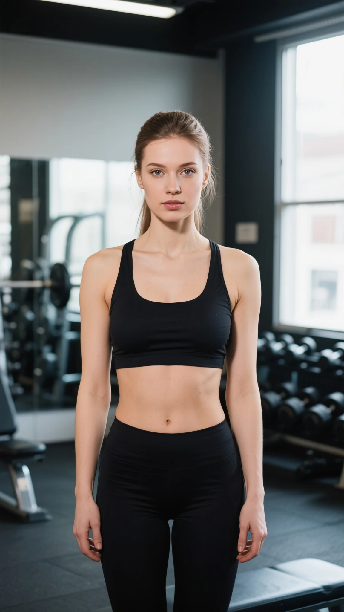 Une fille blonde avec un très joli corps fin et une jolie poitrine, tenue de sport, fitness, ultra sexy, ensoleillée, salle de sport, sexy, squat, éclairage parfait, bijoux, se maquiller, 24mm, textures 4k, ultra réaliste, 8k, reflex numérique.