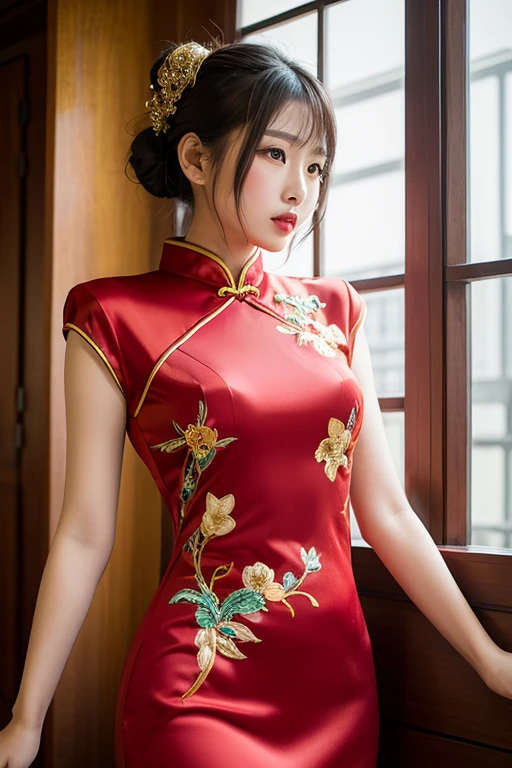 (highest quality、8K、masterpiece、nffsw:1.2)、19-year-old slender beauty,Flashy makeup with red eyeshadow,mouth wide open、Yo-ho、double eyelid,delicate mid-cut ponytail,squatting down、spread legs, show white panties,Her white panties are clearly visible、sexy cheongsam and silk miniskirt,best smile,She is wearing a sexy short colorful cheongsam。。,Chinese dress with deep slit,draw hands correctly,The background is the bright interior of a Chinese restaurant...,