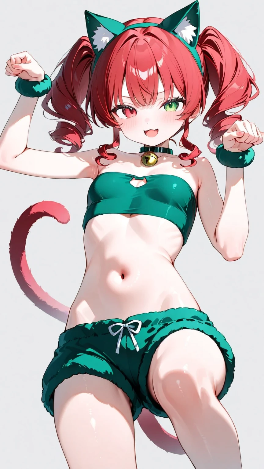 masterpiece, high quality, finely detailed, explicit, catgirl, solo, red hair, green eyes, long tail, cat tail, red tail, cat ears, human with tail, long hair, young, dickgirl, futanari, bulge, underwear bulge, large bulge, penis in underwear, <lora:girlyPenis:0.4>, small breasts, lifting clothes, presenting underwear, revealed underwear, dress lift, green dress, presenting bulge
