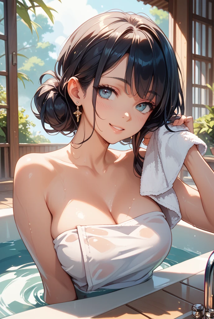 (masterpiece:1.2, best quality), (1lady, solo, upper body:1.2), Clothing: Bath towel Accessories: Soak in water Hair: Dark blue shoulder-length short hair Makeup: Natural, glowing skin, behavior: relaxed, carefree, free-spirited, smiling Location: in the bath, blue eyes, huge breasts,