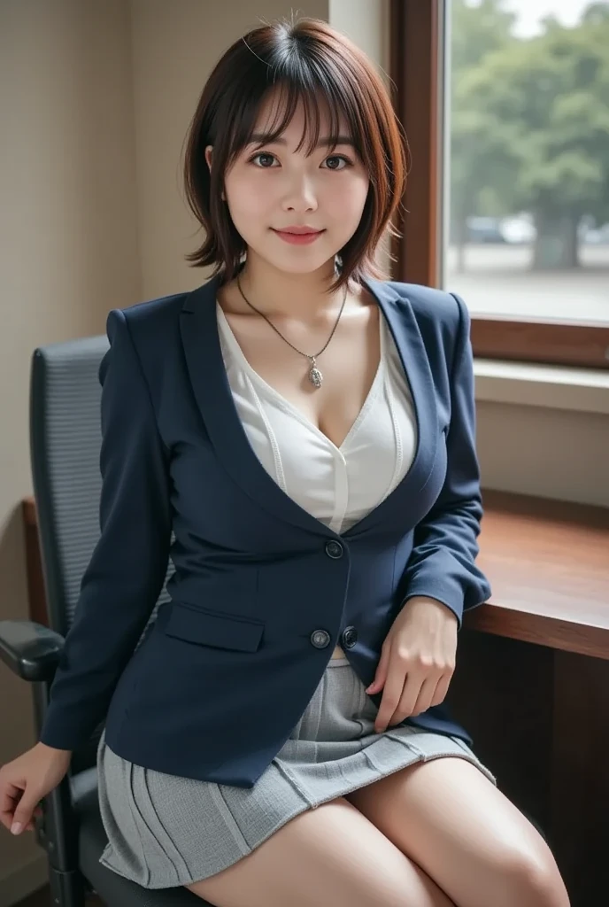 1 female,highest quality,8K, Detailed facial depiction, Detailed description of the eyes,, take off underwear, Bear Breast, because I&#39;thin, Normal breast size, sit with legs apart, smile, Colorful earrings, necklace, 38 year old female, Japanese, teacher, slightly open chest, beautiful, perfect style, sexy, classroom, sitting at the desk、((school teacher outfit))、Japanese face、whole body、spread legs、neat woman、Dark blue clothes、Formal suits、((short hair)),((black hair)),well-groomed face,Japanese face、(legs open)