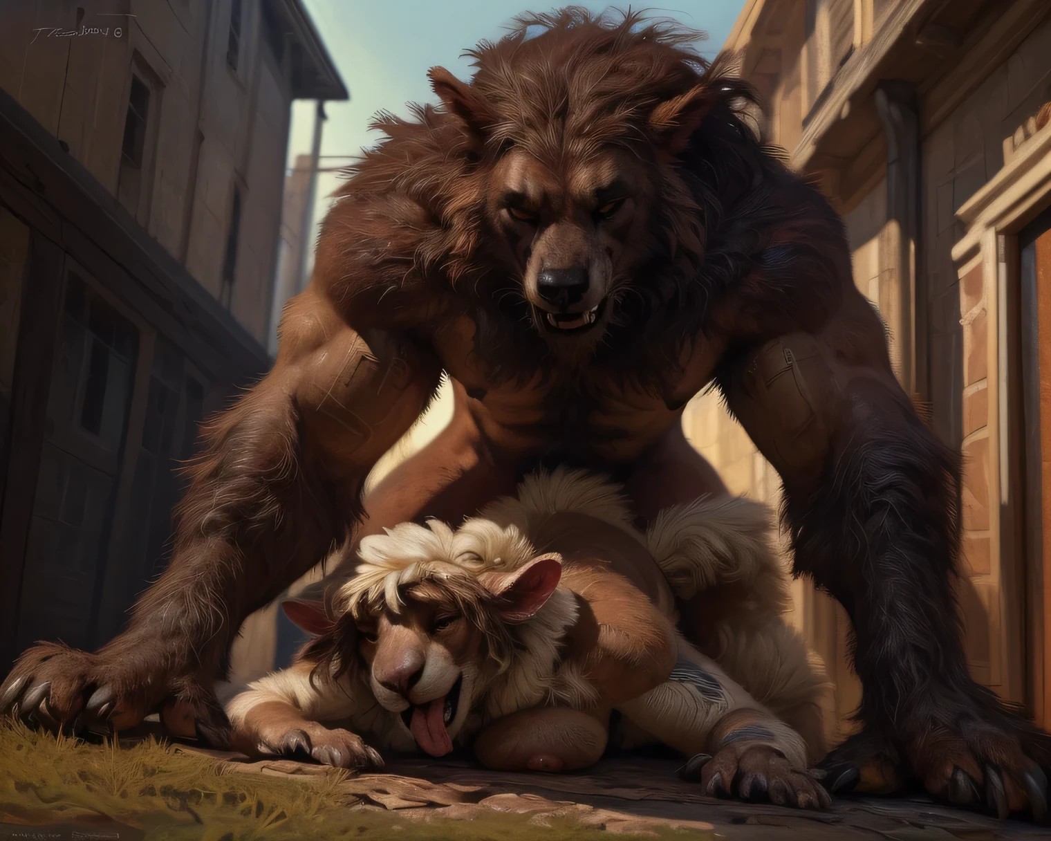 Werewolf with massive penis on a hill (fucking thick and chubby, plus sized, adult milf:1.3), (doggy style sex:1.2),