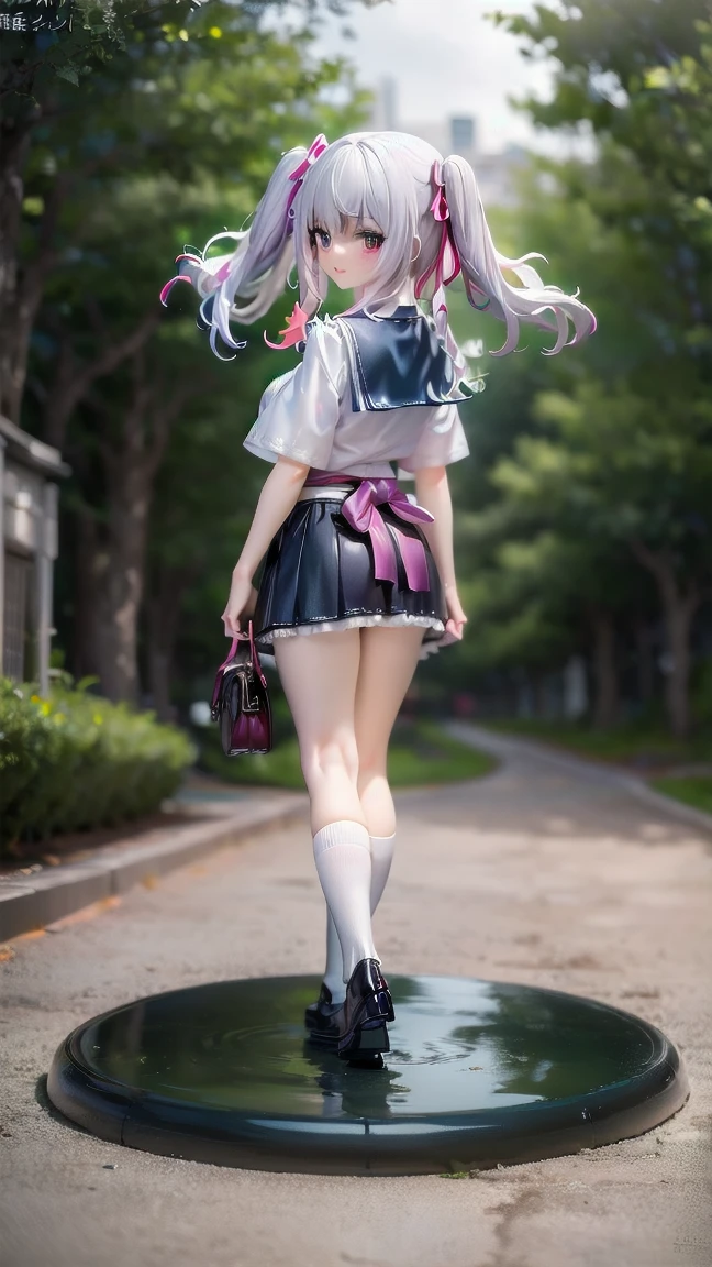 blurred image of a woman in a short skirt holding a sign, 3D anime style, 3d anime girl, ( highly detailed figure ), realistic 3d anime, pose de anime, hyper realist , anime barbie in white stockings, realistic 3d anime style, , render of a cute  anime 3d, holding a pudica pose. great resolution