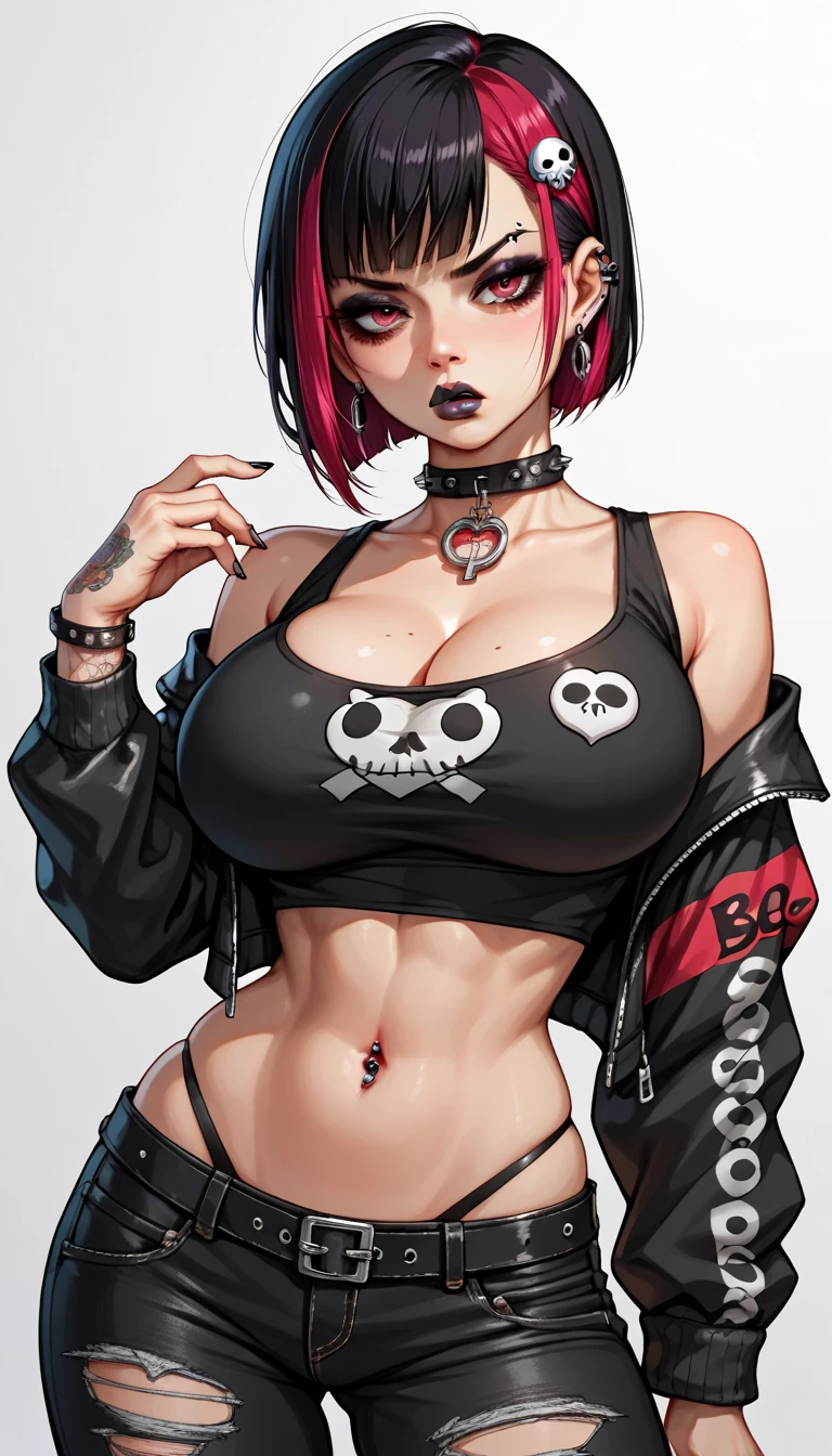 big lips, Brown hair, pink eyes, japanese face, improve, improve grin, two sides up, huge breasts, Wide hips, sexy, detailed, pink room, Hits, (evil smile1.4), kawaii, pleated skirt, punk, GOOD, zombie costume, zombie shirt, zombie choker, zombie skirt, dezombie shirt,navel piercing