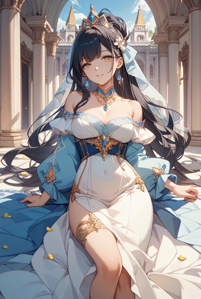 Highest quality, masterpiece, Ultra-high resolution, female、Big Breasts、princess、実はふしだらなfemale、Clean-cut features、dress、tiara、dressのしたに固定バイブが装着されている、I am holding back sexual desire、A crowded hall、My body starts to heat up、Place hands on crotch、forward leaning posture