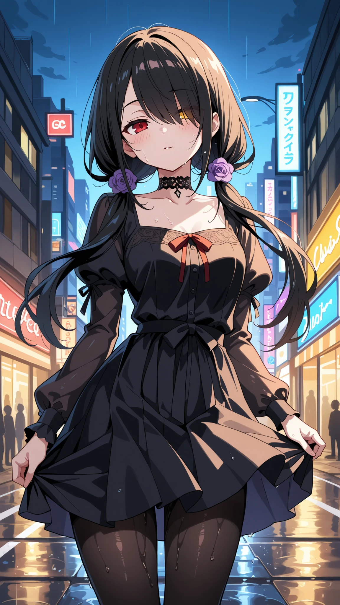 BREAK (masterpiece:1.2), best quality, high resolution, unity 8k wallpaper, (illustration:0.8), (beautiful detrealistic modern city street at dusk, wet road after rain, puddles reflecting traffic lights and buildings, glowing shop signs, evening sky, cinematic soft lighting, high detail, photorealism, ultra HD,kurumi tokisaki casual, long hair, black hair, red eyes, long sleeves,sexy dress,stockings,cleavege, hair over one eye, black dress, black pantyhose, puffy sleeves, choker, collarbone, skirt, black skirt, flowers, hair flowers, purple flowers, twintails, low twintails,raised hips,blush, seductive expression,floating hair,looking at viewer,cowboy shot,floating skirt,arched back,wide-angel,