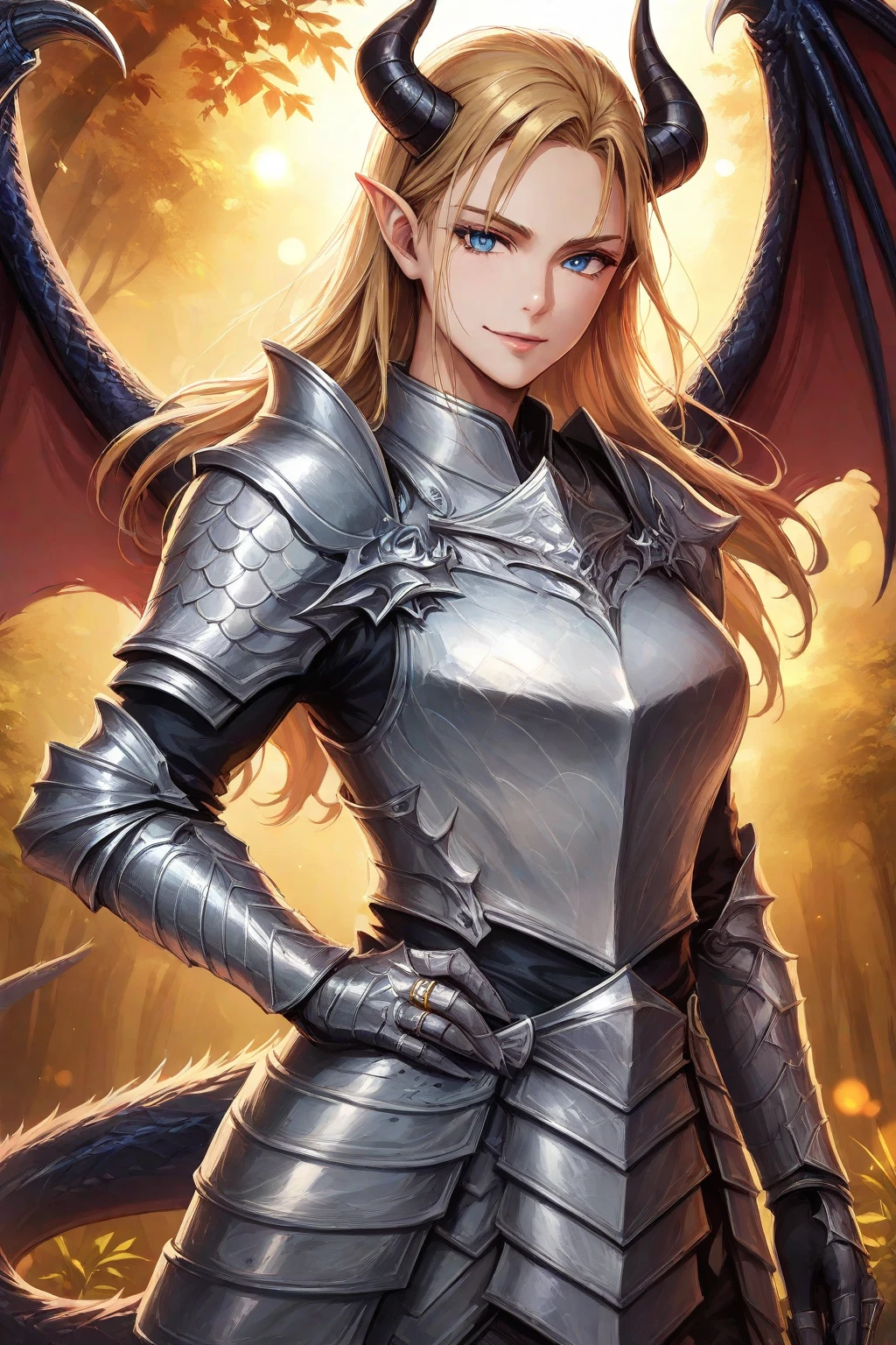 (masterpiece、Highest quality:1.3)、Super detailed、complicated、8K、High resolution、wallpaper、Cinema Lighting、A beautiful demon warrior wearing dragon armor crafted from space metal.、Glamour、17 years old、Blonde、blue eyes、Traveling between time and space、Cross Necklace、