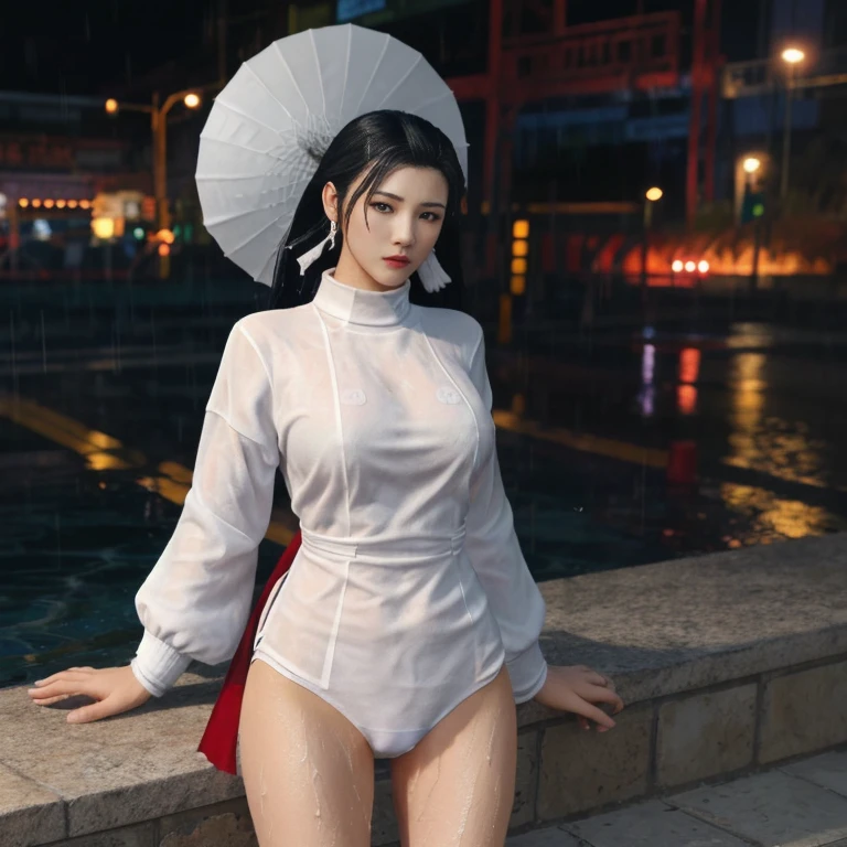 A beautiful woman in a Hanfu dress is waiting for someone., (Race:Chinese), (((Number of people:1))),((Ancient Chinese pavilions at night, moonlight, snow)), (8K Ultra HD, 8K, Ultra-high resolution, best quality, masterpiece, Surrealism, Digital SLR Camera, Soft Light, Bokeh, Masterpieces), ((((Beautiful model-like face))), (Creating the image of a real girl), warm light, Realistic shadows, Dynamic poses, Elegant Posture, Cowboy lens, Full body front view, Be confident, Body facing the camera, Standing facing the camera, Open your legs slightly, Golden Ratio Graphics, Minimalism), (Happy smile, Big watery eyes, Cherry Blossom, Balanced Eyes, Perfect beautiful face, Normal facial features, Realistic skin, Attention to skin details, Skin is clean and radiant, Whitening, Anatomically correct body, Hourglass figure, cosmetic, Gloves, earrings, bracelet, necklace, Jewelry, veil, Hair accessories, Headdress, shawl), ((beautiful hair), Dark brown hair, Big wavy curly hairstyle, Waist-length hair, Messy Hairstyle, Gradient hairstyles, Cyberpunk hairstyle), ((Transparent clothes：1.5), (Color of clothes: Two colors), Transparent Clothes, See-through clothes, Tulle clothes, Mesh clothes, Transparent sci-fi Hanfu, Shiny micro bikini bra, (Clothes that accentuate your bust shape)), (Sexy的, Perfect breast shape, Teardrop chest shape, Snow-white breasts, very detailed breasts, 36C cups), (Super high waist, Deep V, Low-cut, Sexy, Flattering, Open crotch, (Camel toe, High fork strangulation)), (sock, Knee socks, 吊garter, Leg ring, garter, 腿部garter), (style:Sexy,Mature), (Wet body:1.0) , (Wet clothes:1.0), (clothes pattern: line)