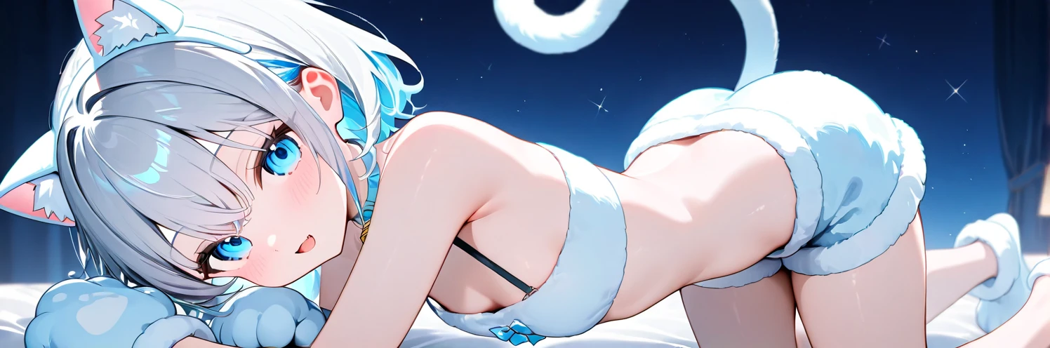 The butt is facing the picture，Wear only delicate white lace panties，full bodyesbian，White animal ears，Solo，Exposing the buttocks and groin，Cat lady