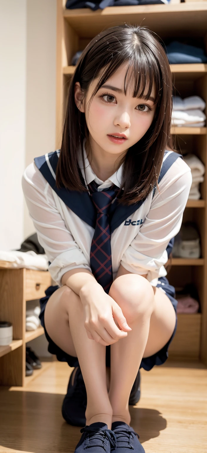 (Showing off panties:1.2), (Professional portrait, Realistic and perfectly shaped subjects:1.3), (masterpiece, highest quality:1.2), (Realistic, Ultra-realistic, Realistic:1.3), (ultra High resolution), High resolution, Intricate details, Super detailed, (Highly detailed CG, unity 8k wallpaper:1.3), Clear image,
break
(1 Japanese girl, 16 years old), (cute, Slender figure), (Perfect Anatomy, Correct limbs:1.2), (Perfect hands), Perfect Arms, Beautiful and delicate face down to the last detail, Beautiful and delicate eye and eye highlights, (Very thin and delicate、not too long lashes), (Captivating eyes, Beautifully detailed eyes and face), light makeup, Pink Lip, Lip gloss, Stylish face, (Shiny skin, Realistic skin detail), Brown bob Hair, (Plump breast),
break
((school uniform)), (High school girl), (Black socks), shirt open
break
library, squatting, (Cowboy Shot), break
(((blush:1.4))), ((Embarrassing:1.4)), (((shy:1.5)))
break
from below
break