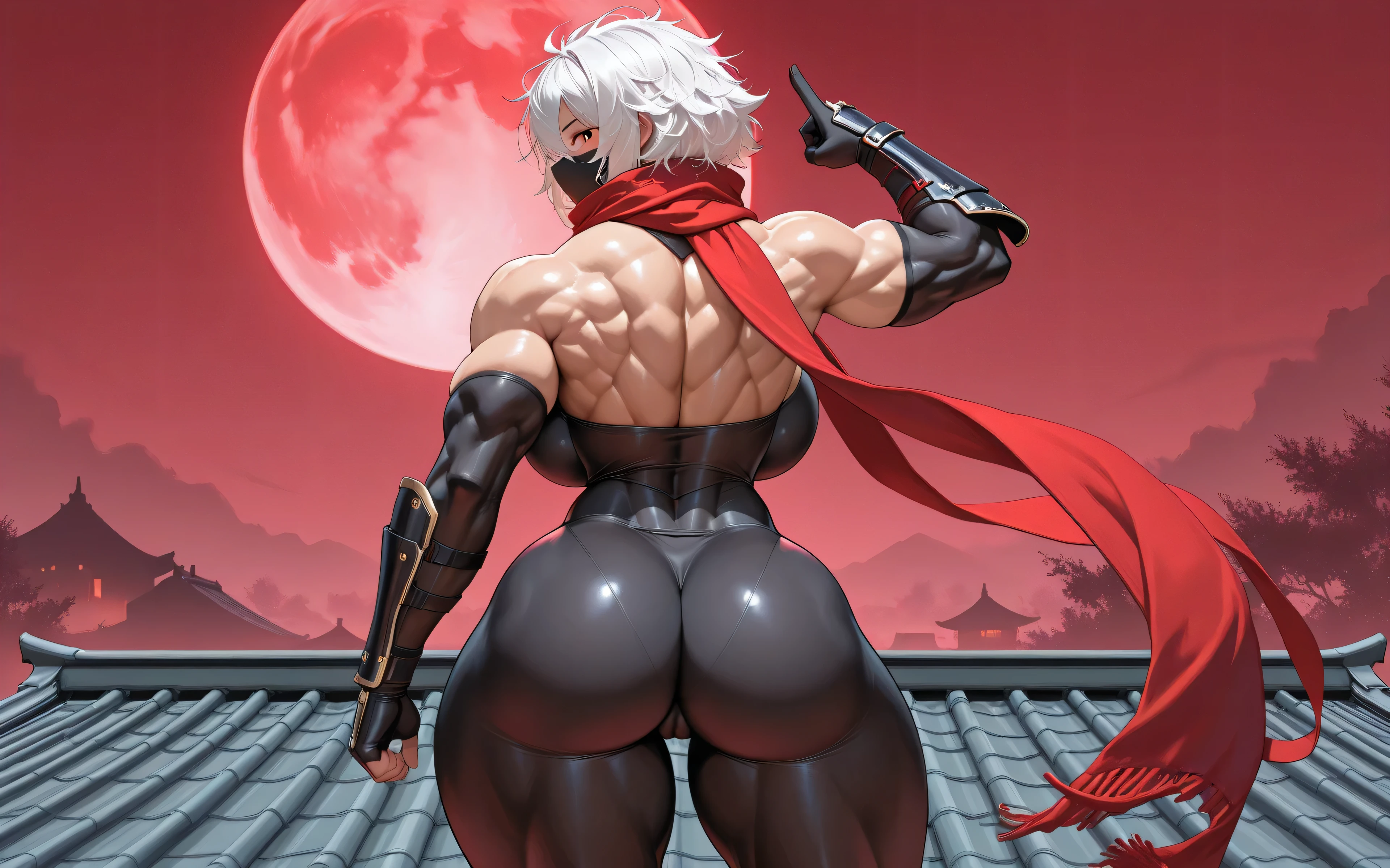 ((woman with long gray hair with ponytail, red eyes)),((dark skin)),((muscle)),((folded arms)),((facing the spectator)),(( giant breasts, bare breasts, completely naked, with a belt covering her pussy)),((grabbing breasts, sullen face)),((in a bad haunted castle, at night)),