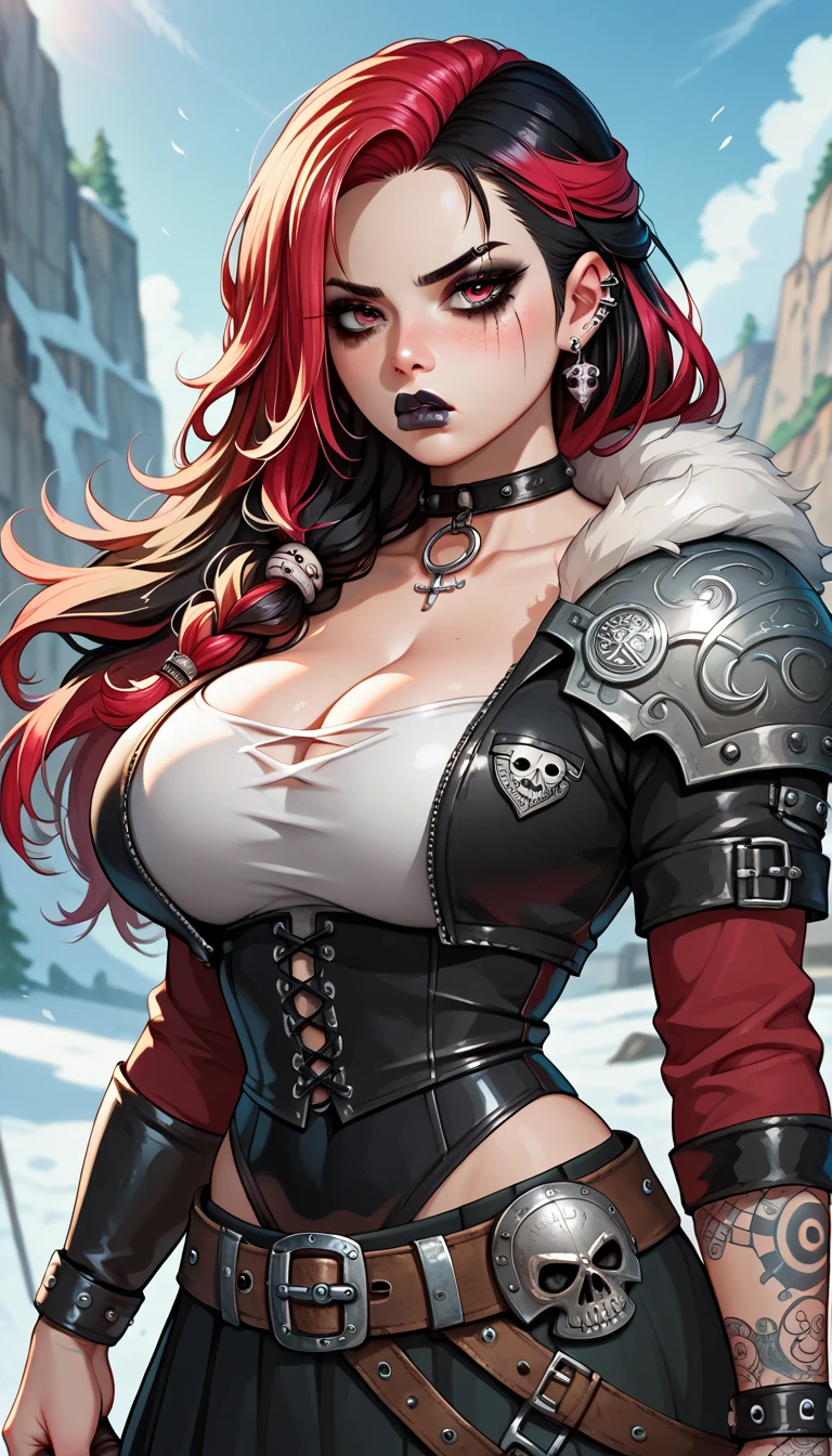 A beautiful huntress girl with long red hair, wearing a leather and fur coat, holding a rifle in a snow battle pose, oriental style, Blade and Soul inspired, ink style painting, 3D, 4K, detailed, realistic, deep cleavage, ripped clothes, cold environment, masterpiece, photorealistic, ultra-detailed, HDR, physically-based rendering