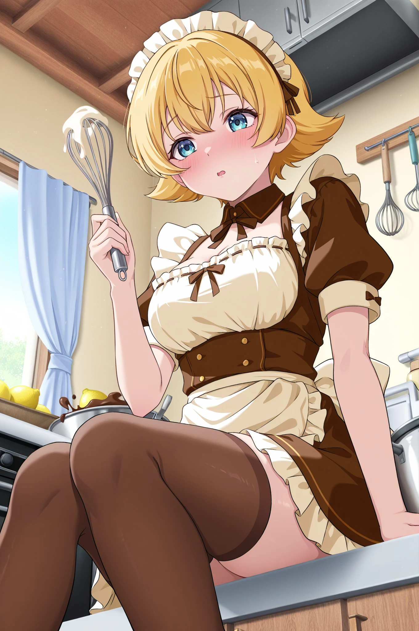 highest quality、masterpiece、((1 girl:1.5))、((smile:1.3))、(blush:1.4)、Black Shirt、blouse、((fun!!))、(Small breasts)、(Pink)、Blonde、(Long sleeve)、((White apron:1.5))、((Maid))、((hair ornaments)),、Kamimei、look at me、 ((in house:1.5))、 Taking a break from watching the audience、Cowboy Shot、((Shaved:1.5))、(Roll-up skirt:1.3)、(Fully exposed and highly detailed labia:1.5)、((Skirt lift:1.5)),()、()、、(スカート that rolls up:1.3)、()、Light blue eyes、long hair、Glowing Eyes