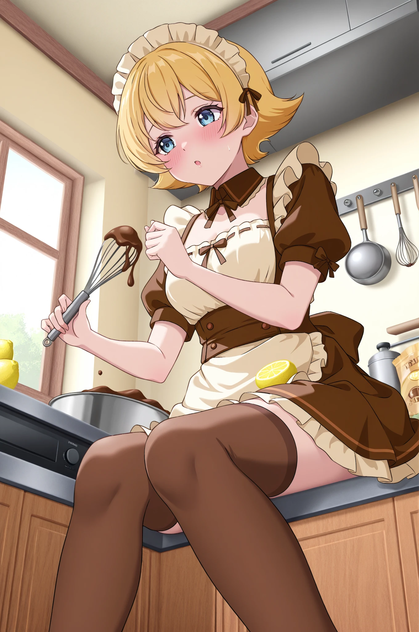 One very beautiful blonde, bangs,((confused face:1.5, open mouth:0.9)), college girl, very gorgeous body,(((medium breasts, undressing, nude breast, riding dildo, spreading legs))), big and blue eyes, lipstick, eyelash,(in the kitchen, sexy maid outfit, cleavage, black and white clothes, micro skirt, sexy black high sock)