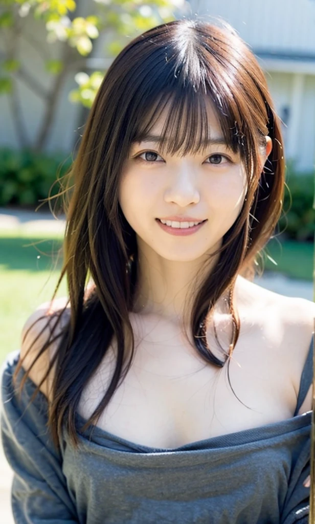 Cute Japanese woman who looks a bit mature, smile, inorganic Snow White, natural skin, cute, expressionless, well-formed long straight hair, well-formed bangs, young girl, young face, short height, swimsuit, small breasts, natural skin texture, upright posture
