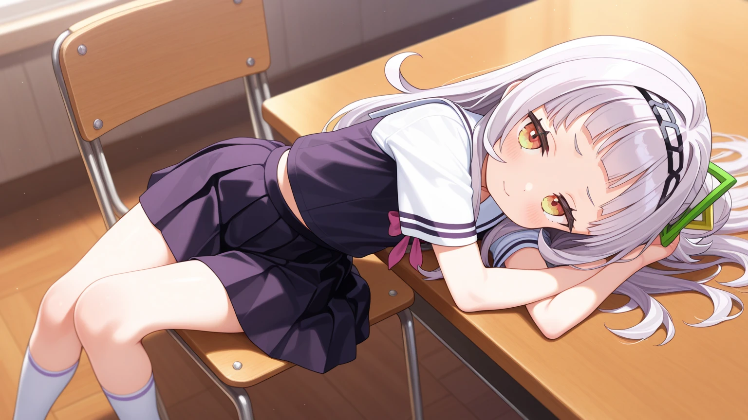 An exhausted Japanese high school girl with long fluffy snow white hair, tired sharp glowing pink eyes with dark circles underneath, a muscularly lean and slim body with extremely defined forearms, wearing a student uniform with short sleeves, showing her muscular forearms in school classroom. She is resting her head on a desk, tired. She is muscularly lean with huge forearms, strong arms and strong pronators.