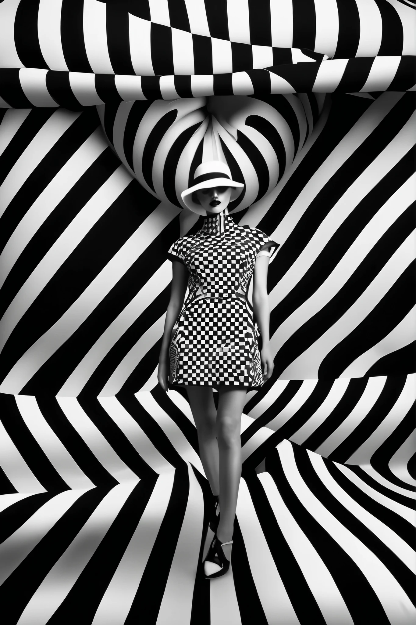 Op Art - Step into the world of op art fashion , brocade and chintz fabrics come to life with a pixelated plaid design . creates an enchanting sense of movement 、 x} Get ready to be fascinated by optical illusions and swirling parabolic shapes .。. This composition is a visual delight , has intricate patterns and bold colors that stir the imagination . The interaction of light and shadow gives depth and dimension , Enhance the overall optical effect . Step into this world of luxury fashion , dynamic , Get ready to be enchanted by ever-changing visual illusions 。 This style has .. Get ready to make a fashion statement like no other with this captivating op art fashion masterpiece . award-winning photography style , op art fashion , super resolution .
