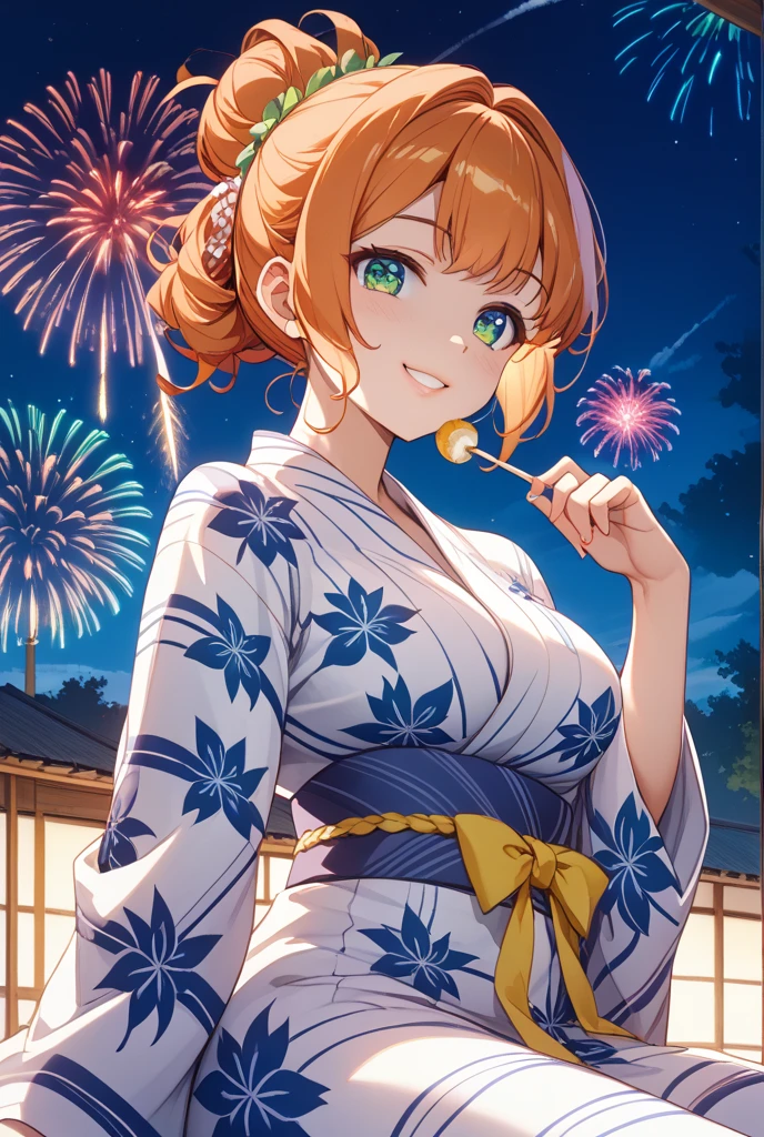 (Highest quality,4K,8k,High resolution,masterpiece:1.2),Very detailed,32-year-old woman、(((Mature Woman))), (((Mature Woman))), solo, from the front、Large Breasts, Cleavage、Beautiful Eyes、Orange Hair、Moss green eyes、Red lips, ((ponytail)), (Drill Hair), ((forehead)), Very cute face, Glossy Lips, Double eyelids on both eyes,Natural smile、Tight waist、Sexy ass、Natural Makeup, Long eyelashes, Shiny and smooth hair、Japanese yukata costume、Flower Hair Ornaments、night、Fireworks display、Colorful fireworks、cowboy shot, Shallow depth of field