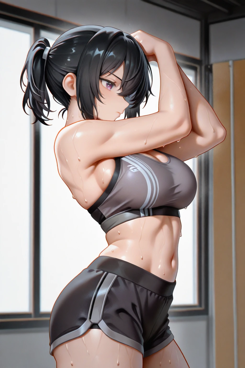 air groove \(umamusume\) in sexy mini shorts and sports bra, crouched deadlifting with a bar with her back facing a gym mirror, sweating, High Resulution, UHD, detailed image.