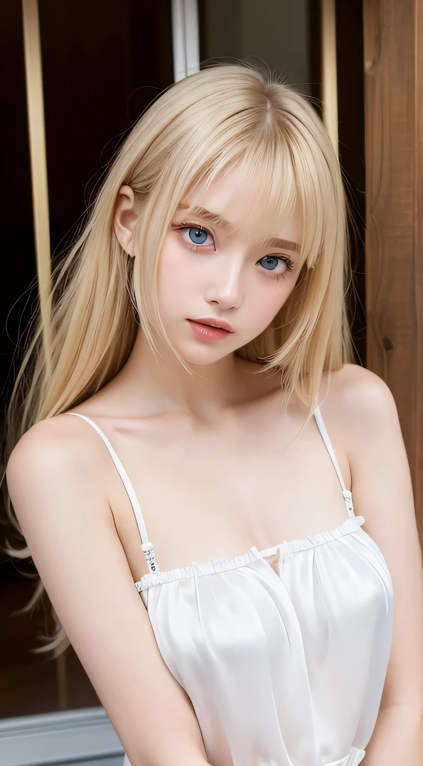 A very cute girl's whole body，Sex Appeal，Wearing see-through lingerie，Beautiful glowing white skin、Blonde hair discolors when exposed to light、Long bangs obstruct the view、Highlights of cheek luster、Sexy, very beautiful, lovely, cute, gorgeous face、The most beautiful face in the world、The most beautiful super long gorgeous blonde hair in the world、Smooth straight hair、big, Sparkling bright light blue eyes、Beautiful Bangs、Beautiful 13 year old Swedish babe