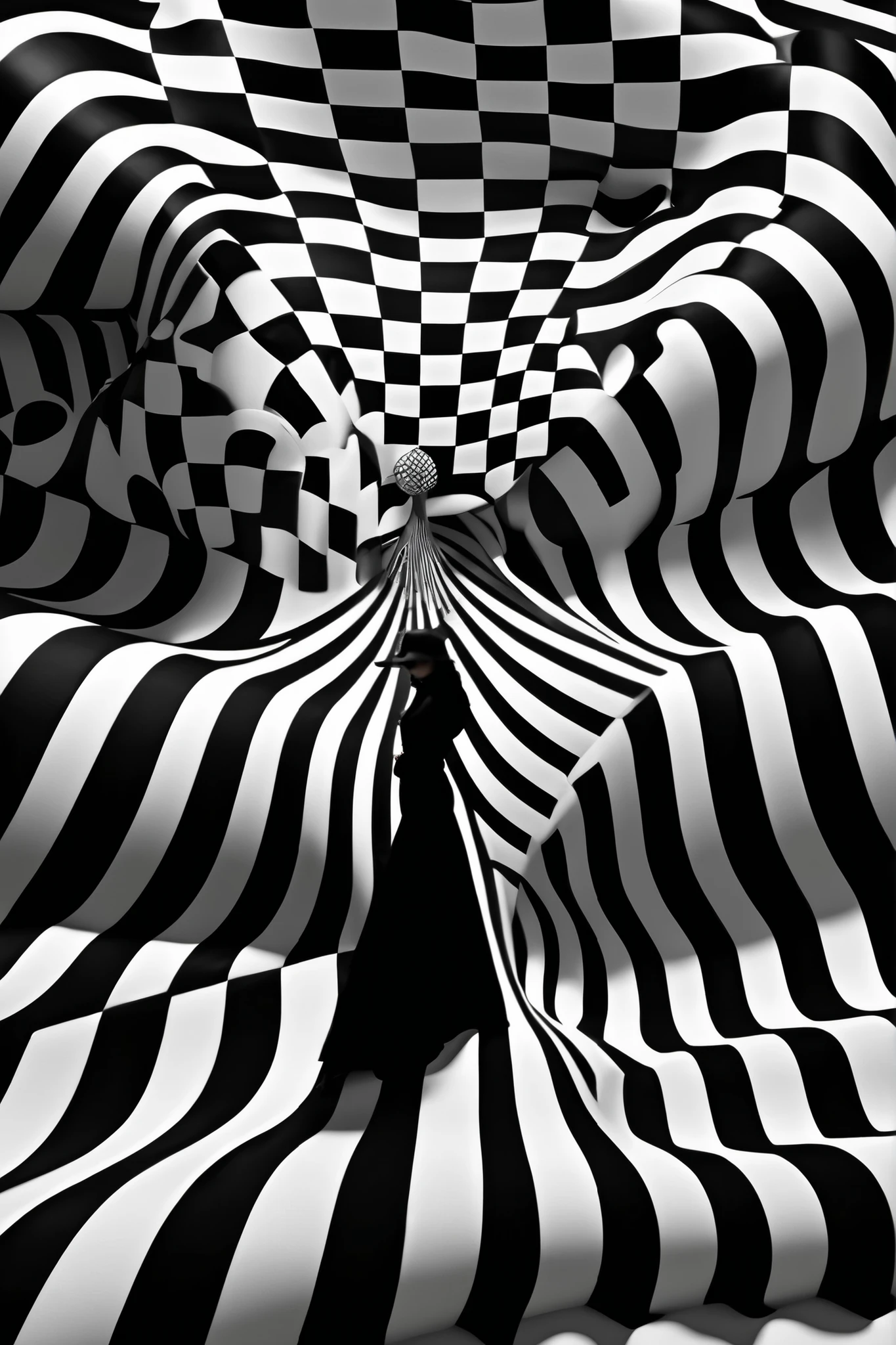 Op Art - Step into the world of op art fashion , brocade and chintz fabrics come to life with a pixelated plaid design . creates an enchanting sense of movement 、 x} Get ready to be fascinated by optical illusions and swirling parabolic shapes .。. This composition is a visual delight , has intricate patterns and bold colors that stir the imagination . The interaction of light and shadow gives depth and dimension , Enhance the overall optical effect . Step into this world of luxury fashion , dynamic , Get ready to be enchanted by ever-changing visual illusions 。 This style has .. Get ready to make a fashion statement like no other with this captivating op art fashion masterpiece . award-winning photography style , op art fashion , super resolution .