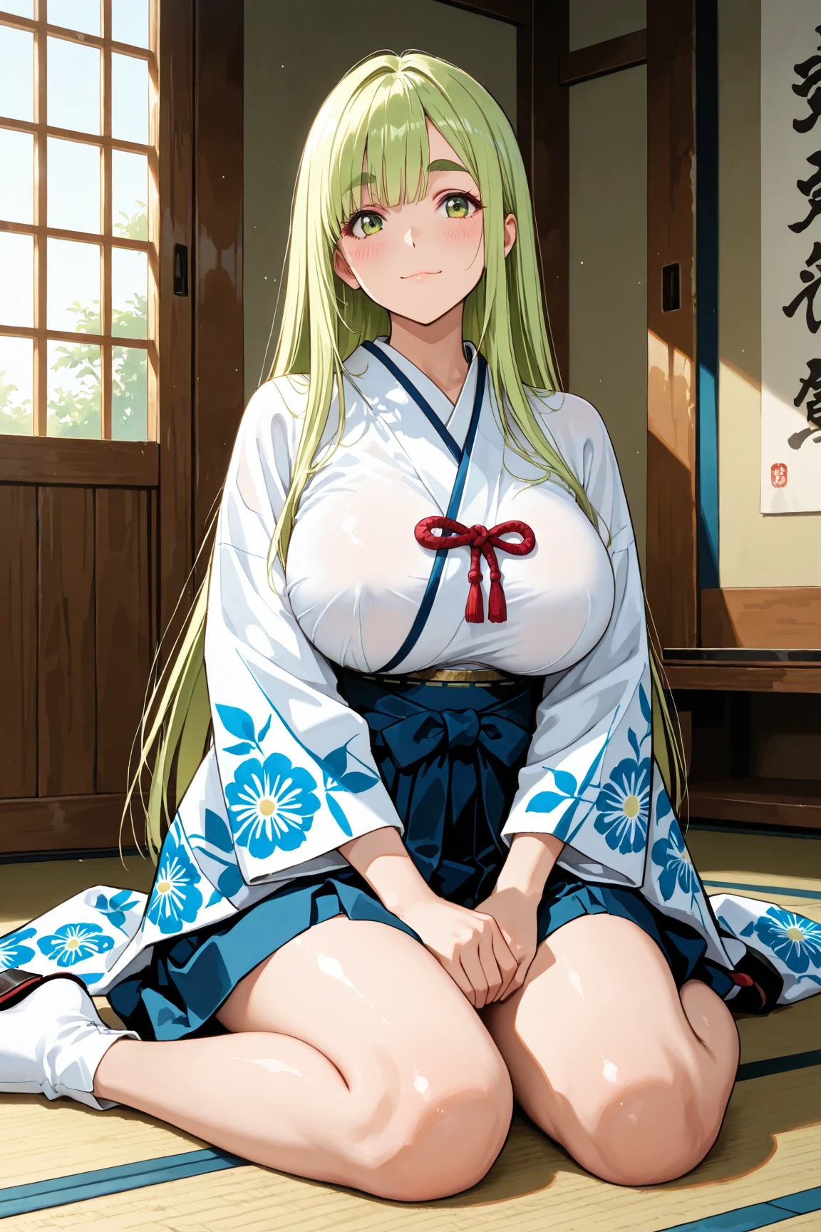 8K、quality、on the table、super high image quality、Super detailed、Super beautiful、Ultra-realistic hair textures、anime illustration、Surreal sensibility、Whole body ESBIAN、mesmerizing looks、shave 、Off-the-shoulder blue yukata、beautiful woman, red eyes、Skin glows、Very huge、Red lace breasts are super big、Skin glows 、clean skin、Japanese style room with daytime background, Big breasted 1.5，blush，