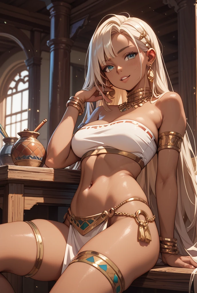 chain strap ,leash neck slave sit belly dancer colour white ,submissive, tits ,chaine in throne,loincloth,you can see a nipple