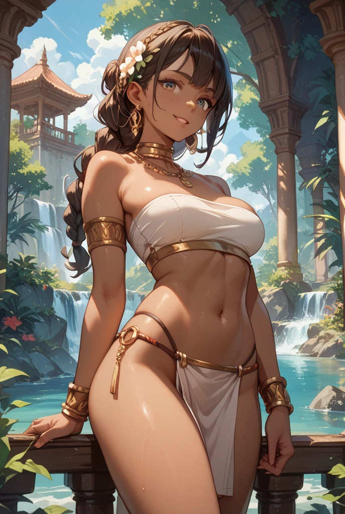 a Burmese young beautiful girl showering with cup, half long straight hair, low side view, 1 girl, big butt, big breast, wearing wet towel, looking the viewer, shamelessly face, half low eyes, wearing gold earrings, gold necklace, gold hand chain, nice tits, lighting through tree's leaves,