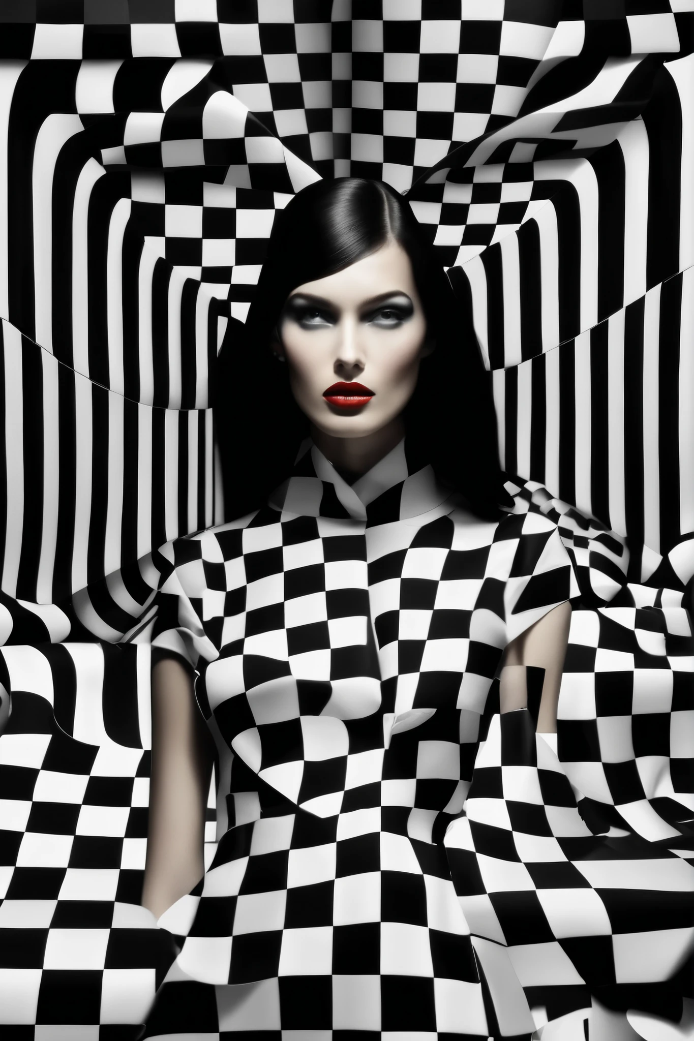 Op Art - Step into the world of op art fashion , brocade and chintz fabrics come to life with a pixelated plaid design . creates an enchanting sense of movement 、 x} Get ready to be fascinated by optical illusions and swirling parabolic shapes .。. This composition is a visual delight , has intricate patterns and bold colors that stir the imagination . The interaction of light and shadow gives depth and dimension , Enhance the overall optical effect . Step into this world of luxury fashion , dynamic , Get ready to be enchanted by ever-changing visual illusions 。 This style has .. Get ready to make a fashion statement like no other with this captivating op art fashion masterpiece . award-winning photography style , op art fashion , super resolution .