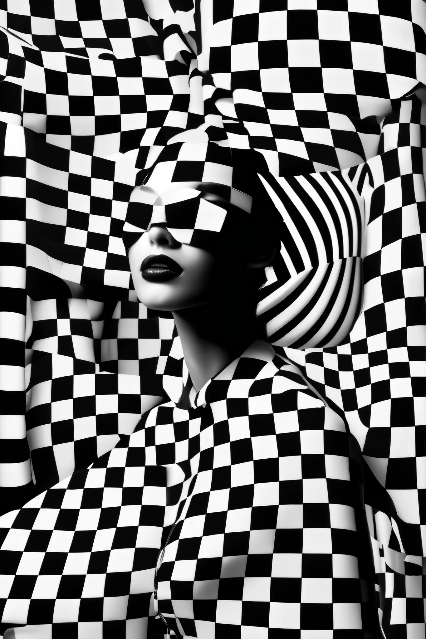 Op Art - Step into the world of op art fashion , brocade and chintz fabrics come to life with a pixelated plaid design . creates an enchanting sense of movement 、 x} Get ready to be fascinated by optical illusions and swirling parabolic shapes .。. This composition is a visual delight , has intricate patterns and bold colors that stir the imagination . The interaction of light and shadow gives depth and dimension , Enhance the overall optical effect . Step into this world of luxury fashion , dynamic , Get ready to be enchanted by ever-changing visual illusions 。 This style has .. Get ready to make a fashion statement like no other with this captivating op art fashion masterpiece . award-winning photography style , op art fashion , super resolution .