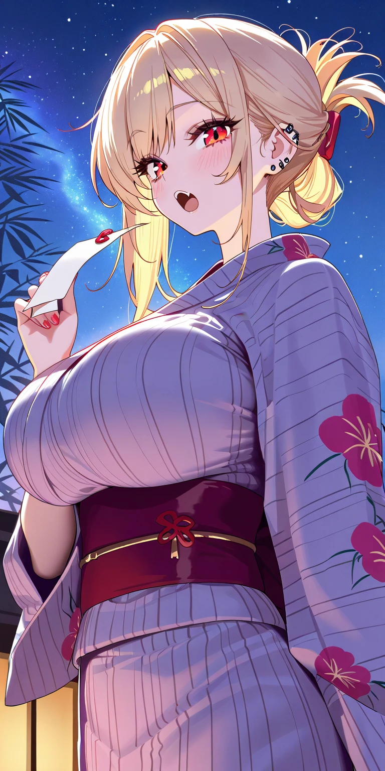 ((One personの女性)), Beautiful Face,(Laughing embarrassedly), (naughty face:1.2), ((Wink:1.9)), (head tilt:1.1), Laughing with your mouth open, upper teeth, ((full-face blush:1.5)),  ((drooling:1.6)), ((breath:2.0)), (Sit on a bench), ((spread legs:1.4)), ((female masturbation:2.2)), ((pussy juice stain:1.5)), ((groin focus)), looking at viewer, Glossy pink lips, Shining Face, night, Observatory, Festival decorations, firework, ((Anime style background)),masterpiece, Highest quality, so beautiful,up to date, Complex details, (Pink long nails),(ring),(bracelet),(choker),AI-generated, Complex,High resolution, Highest quality, super high quality,3D Images、3D Images,One person,Long blonde hair,ponytail, wavy hair ,Anime woman posing for a photo, ((Fine grain、Turquoise Eyes、Shining Eyes:1.3)), (Squint your eyes:1.1),a hyperRealistic , hyperRealistic , Realistic,Anime woman with long white hair, Smooth anime CG art, A woman in a colorful kimono with gold embroidery, (Pink long sleeve kimono),Red floral pattern,Long flower hair ornament,Earrings,Mature Body,(Big Breasts:1.1),Tall,Abdominal muscles,Tight waist,(Zoom up to face:1.0), ((from the side and slightly from below)),