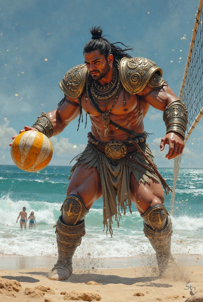 A Viking playing volleyball and is spiking the ball and the ball on the floor