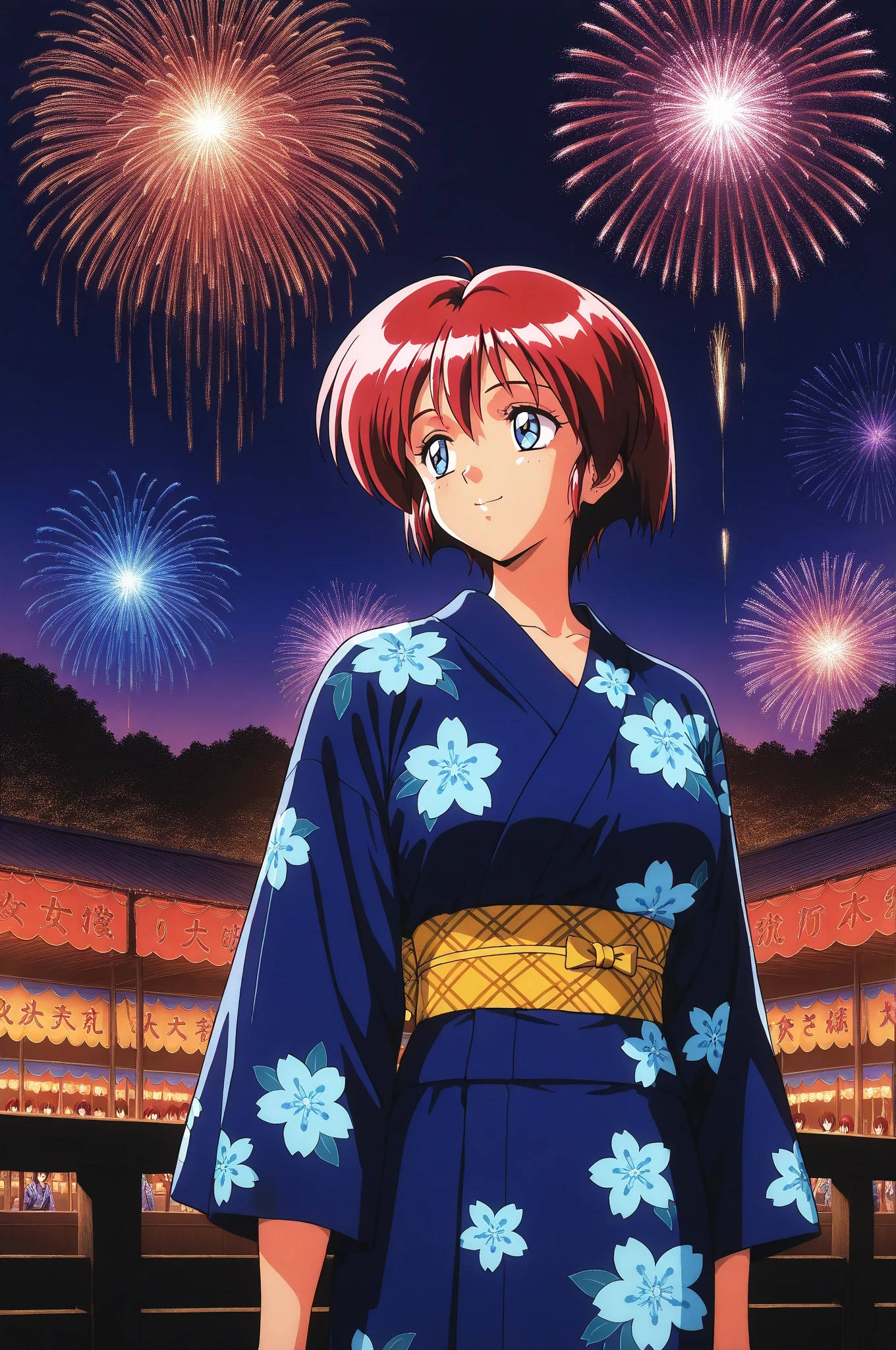 1990s \(style\),Hinomoto_Hikari, adult woman, red hair, short hair, blue eyes, (busty:1.2), bangs,high resolution, Super Detailed,top quality,masterpiece,very aesthetic,Newest,high contrast,(Fireworks venue),(1 woman),looking at another,(navy blue yukata with floral pattern),yellow plaid belt,