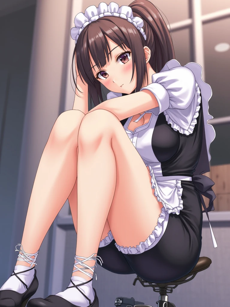 (Perfect Anatomy:1.2, highest quality),(Maid leotard details:1.4),One Girl,alone,Long Hair:1.5, (Short sleeve, Thighs,Maid Cufflinks),,Hypno Lola, Hollow Eyes,High heel lace-up boots, ,Dark aura,Leotrad,,From below,love for viewers,Look Down,