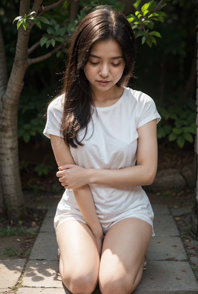 8k, Raw photo, highest quality, masterpiece:1.2), masterpiece, highest quality, figure, Very detailed, Fine details, High resolution, 8k,wallpaper, Perfect dynamic composition,(Detailed high quality, Realistic depiction of eyes:1.3)、A woman who has been and has her hands tied、Arms wrapped around his back、Crouching with legs apart on a forest path、White panties are visible、Facing forward、21talent、Beauty、Well-formed face、Make your eyes even、Beautiful black hair、Has bangedium build、Well-balanced proportions、Beautiful legs、Short sleeve blouse、Long skirt、Sad face、Beautiful scenery、