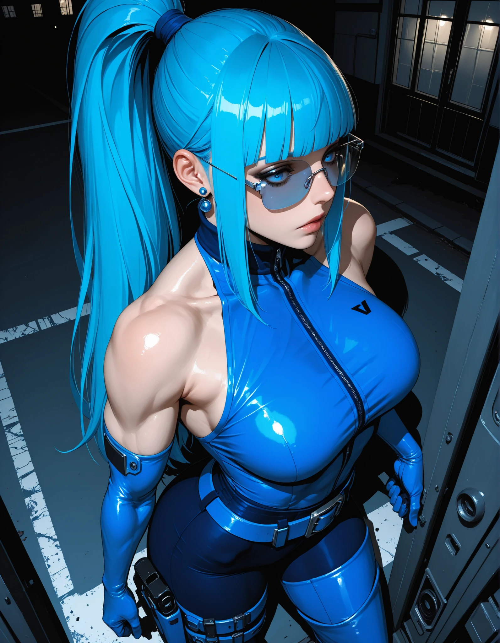 Beautiful face, blue eyes, light blue pony tail hair  , braid, very big tits , wearing black  tight látex suit, sunglasses