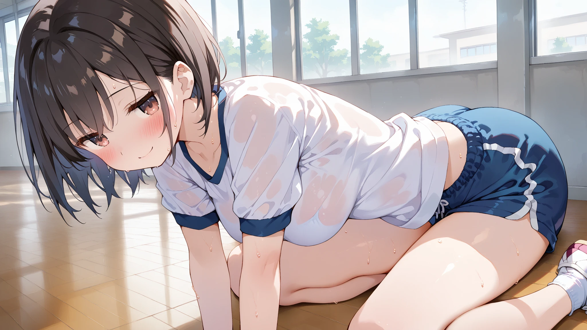 gym storeroom，1girll，tmasterpiece，The best quality，The is very detailed，squatt，Reveals transparent thongs，Wet panties，Sweat on the face