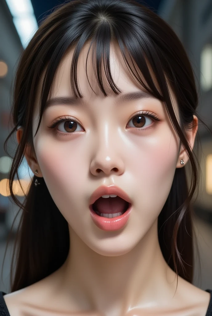 image of one woman、Look up、Upper eye line、Bust-up photoshoot、big breasts、big breasts cleavage、Black underwear、Tongue licking、Smooth skin、masterpiece、highest quality、8k photo、(close ~ eye)An excited look、A wistful look、blushing face、Excited expression、please open your mouth、(wrinkles at the corners of the eye:1.1),18-year-old female、Please bring your face closer to the audience、Pretty wet and shiny lips、Kissing Face、